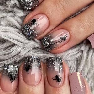 Elegant Black and Silver Spider Glitter Press-On Nails